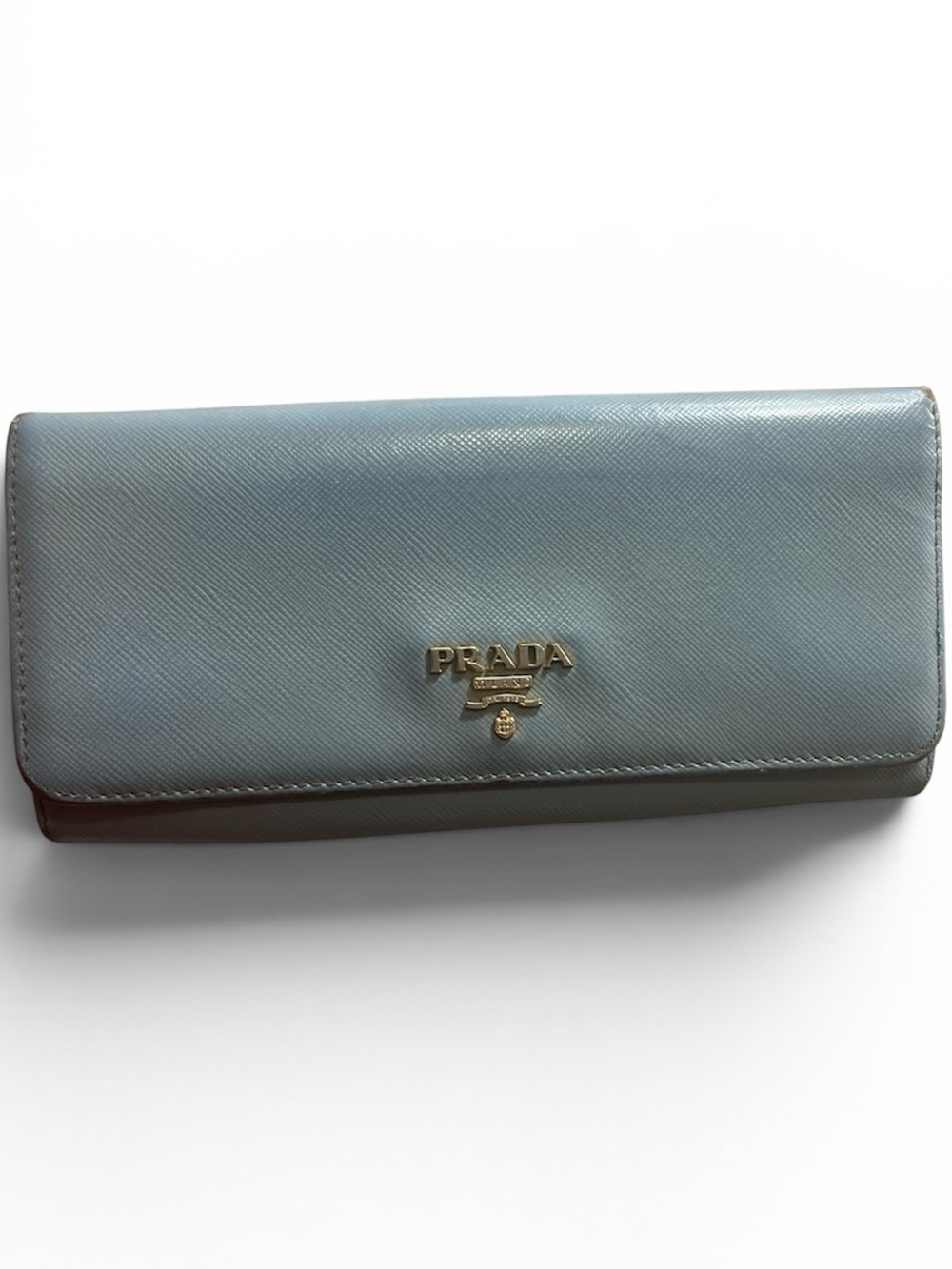 Prada Light Blue Saffiano Leather Continental Wallet with Gold Logo